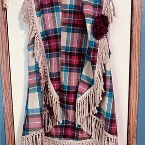 Entro Plaid Fringe Vest with Blue and Red Accents